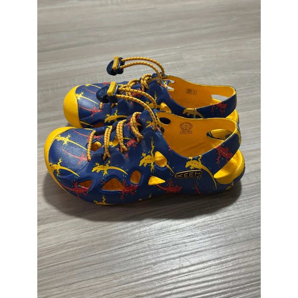 KEEN Rio Kids Water Sandals Blue Yellow Lizard Print Bungee Lace Size 1 1014534